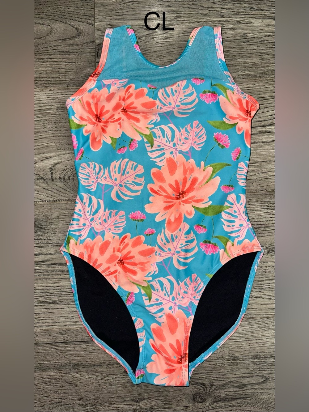 Kids Floral One-Piece leotard - Blue with Coral Flowers